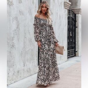 Spirited Boutique The Claire Dress Size L Floral Smocked Maxi Dress Off Shoulder